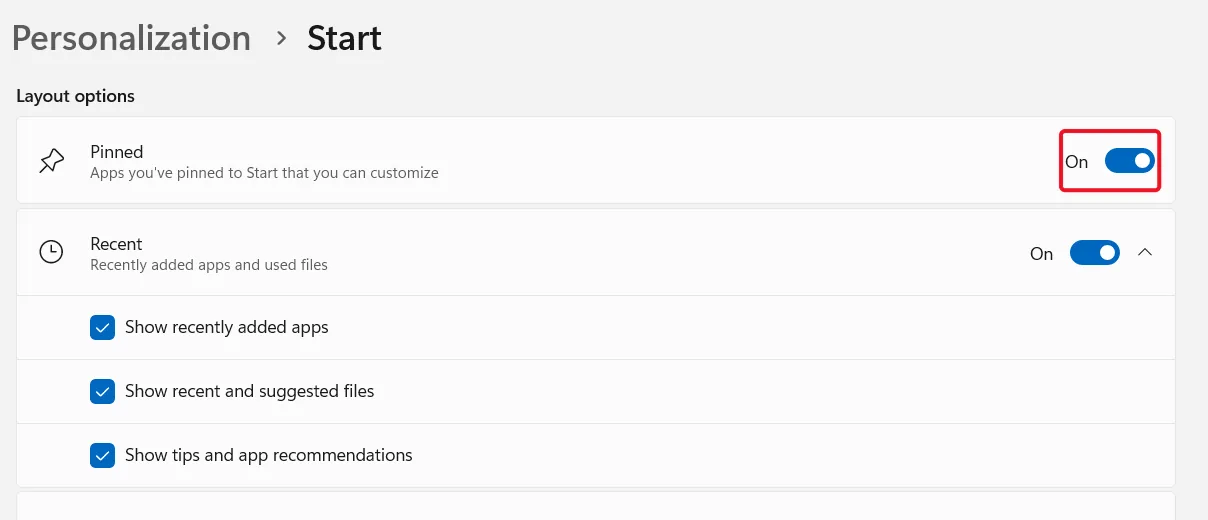 Show or hide the Pinned section in Start