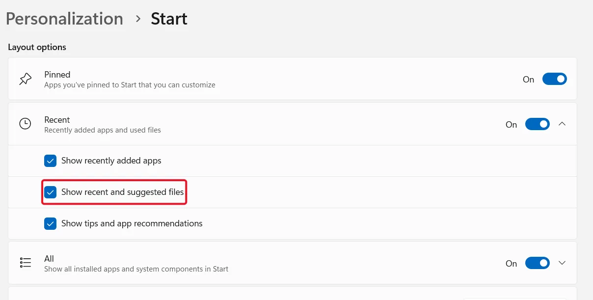 Show recent and suggested files in Start