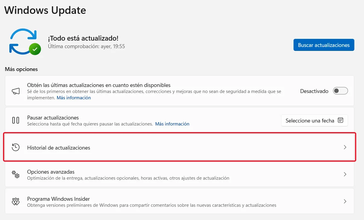 Ver el historial de actualizaciones