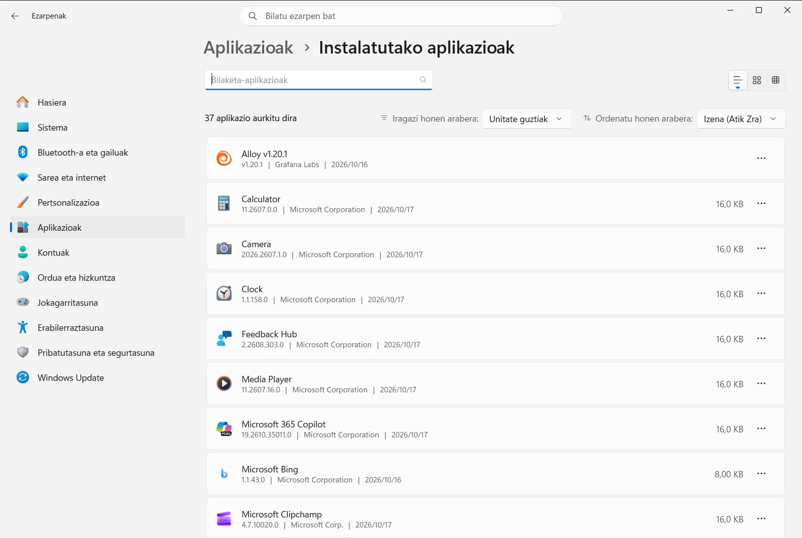 Instalatutako aplikazioak