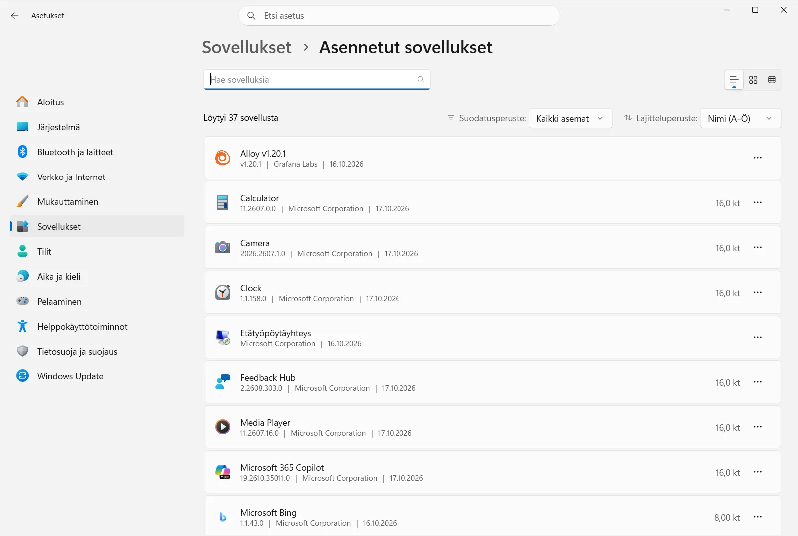 Asennetut sovellukset