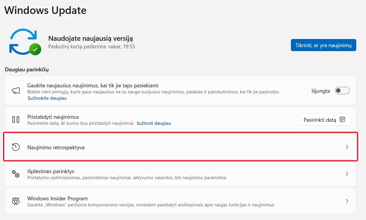 Rodyti naujinimo retrospektyvą