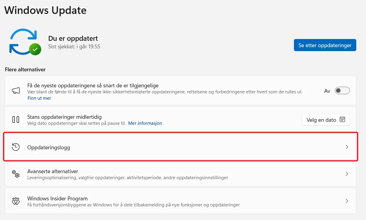 Vis oppdateringsloggen