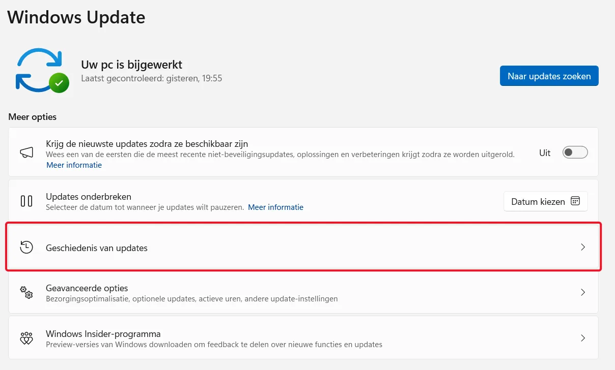 Geschiedenis van updates weergeven