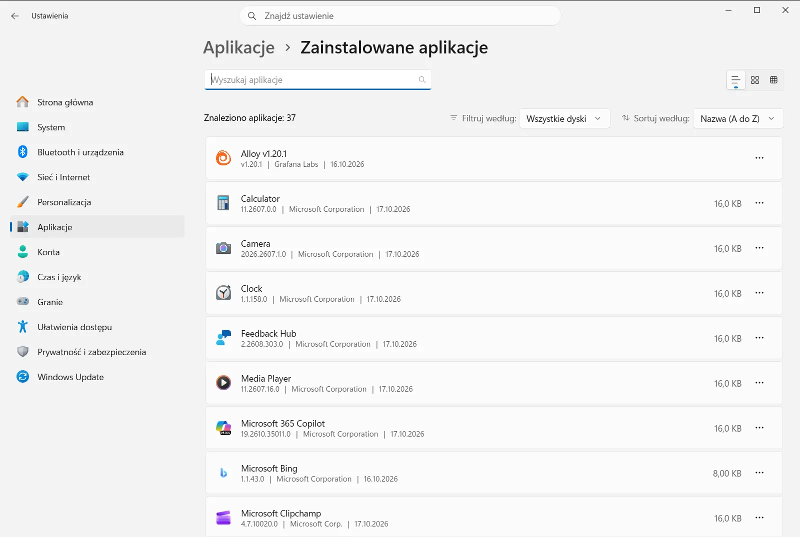 Zainstalowane aplikacje