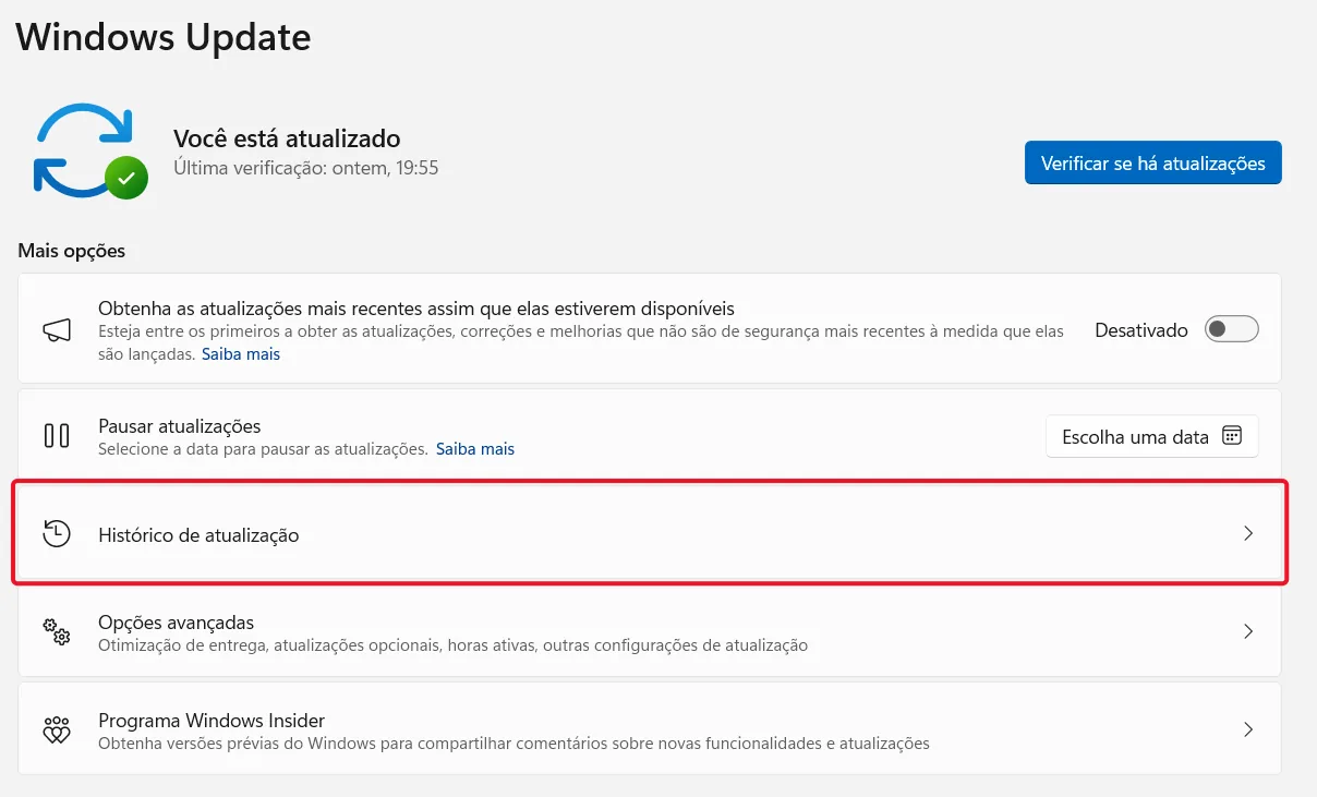 Exibir Histórico de atualizações