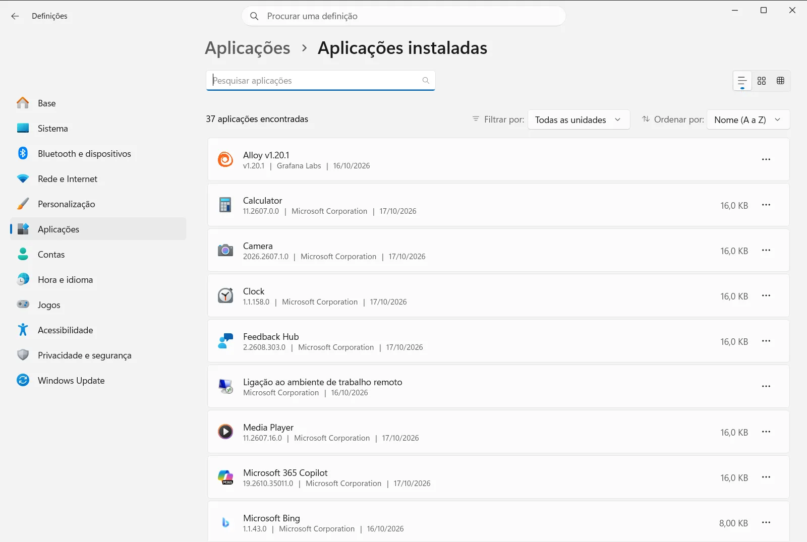 Aplicações instaladas