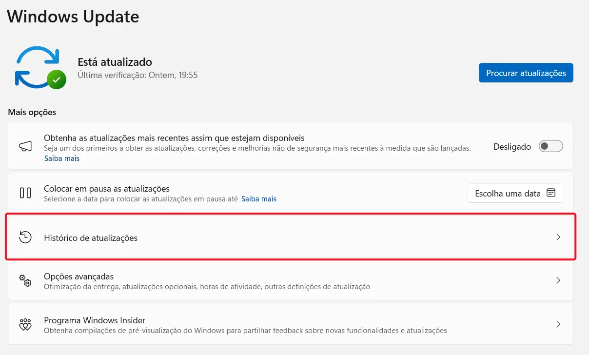 Ver o Histórico de atualizações