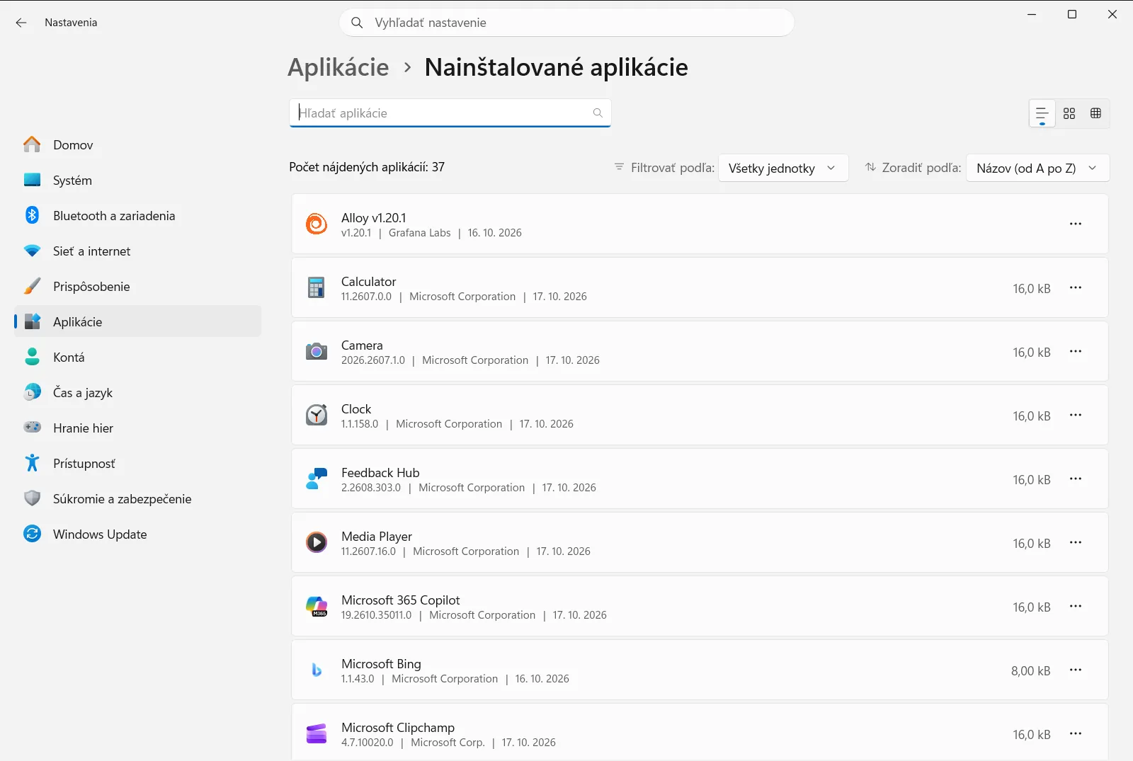 Nainštalované aplikácie