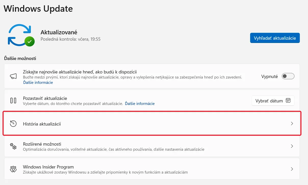 Zobrazenie vašej histórie aktualizácií
