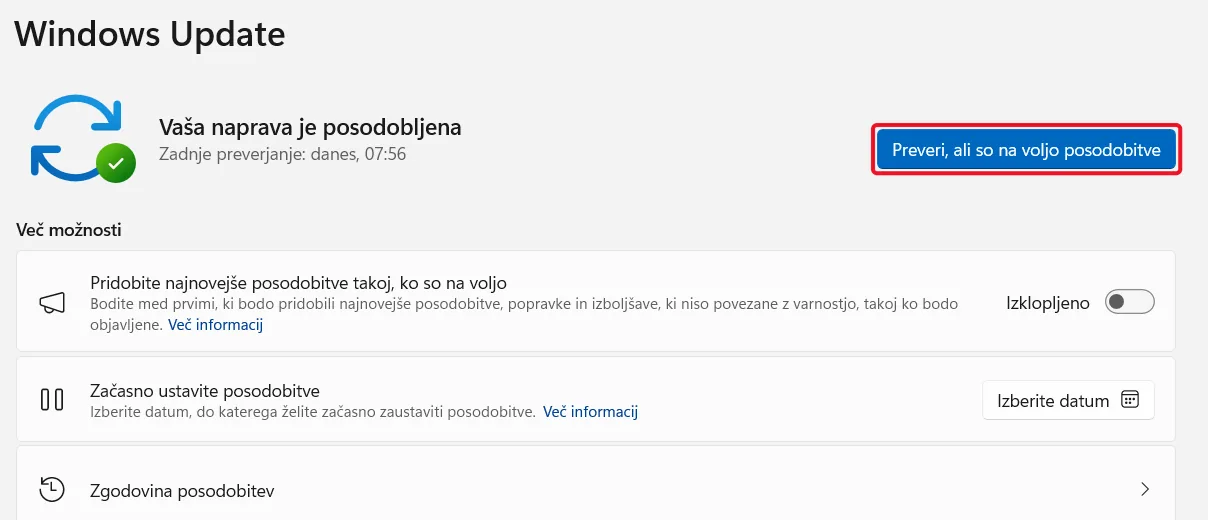 Preveri, ali so na voljo posodobitve