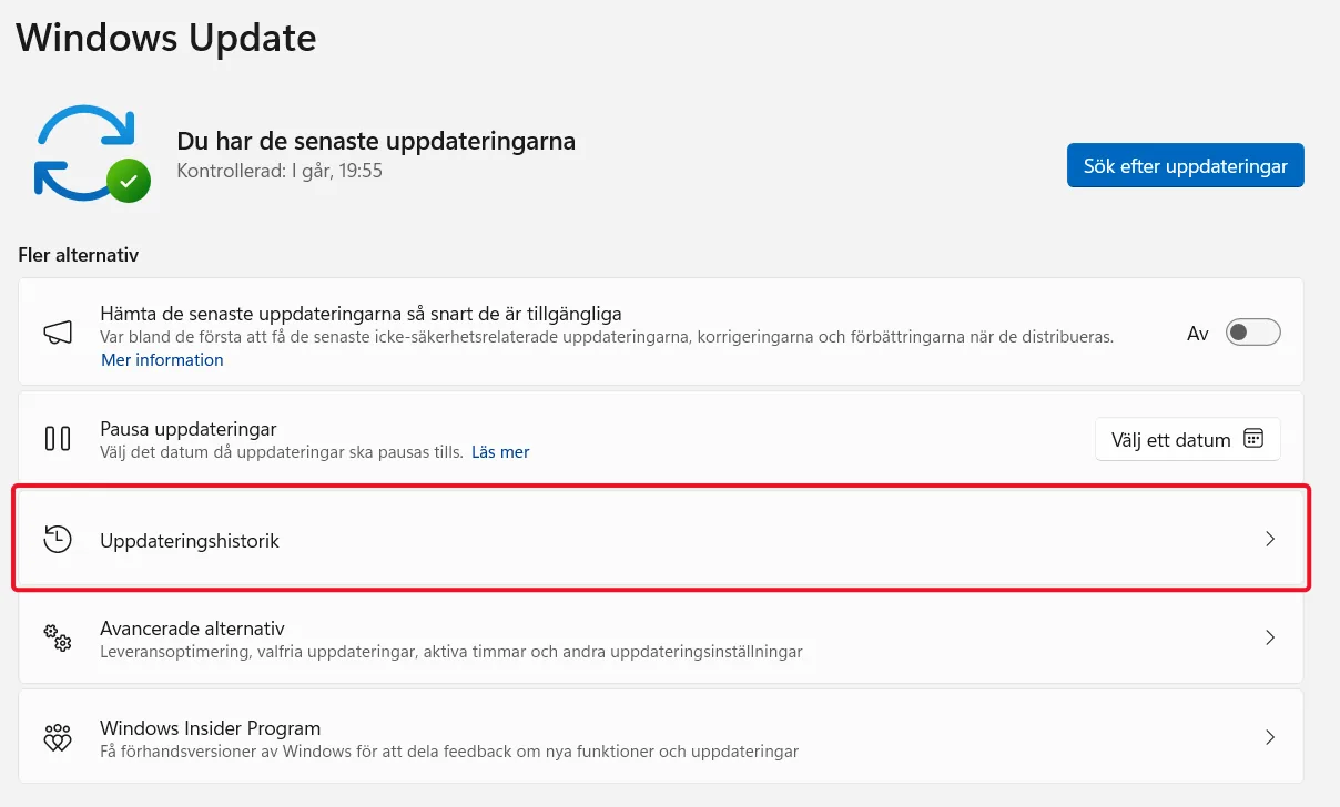Visa uppdateringshistorik